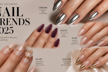 Top nail designs 2025 featuring trendy chrome, velvet, nude, and artistic manicure styles.