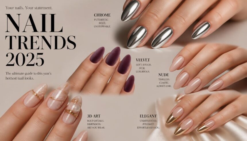 Top nail designs 2025 featuring trendy chrome, velvet, nude, and artistic manicure styles.