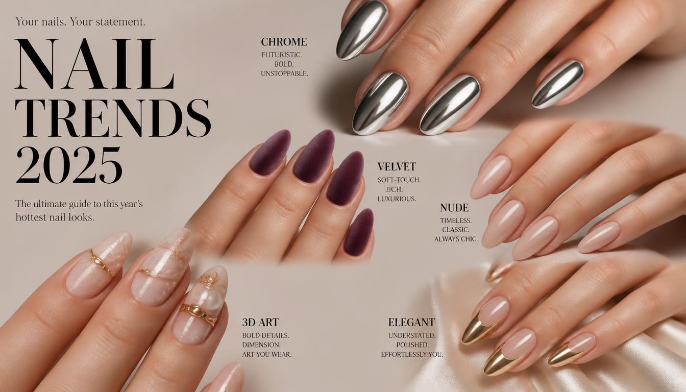 Top nail designs 2025 featuring trendy chrome, velvet, nude, and artistic manicure styles.